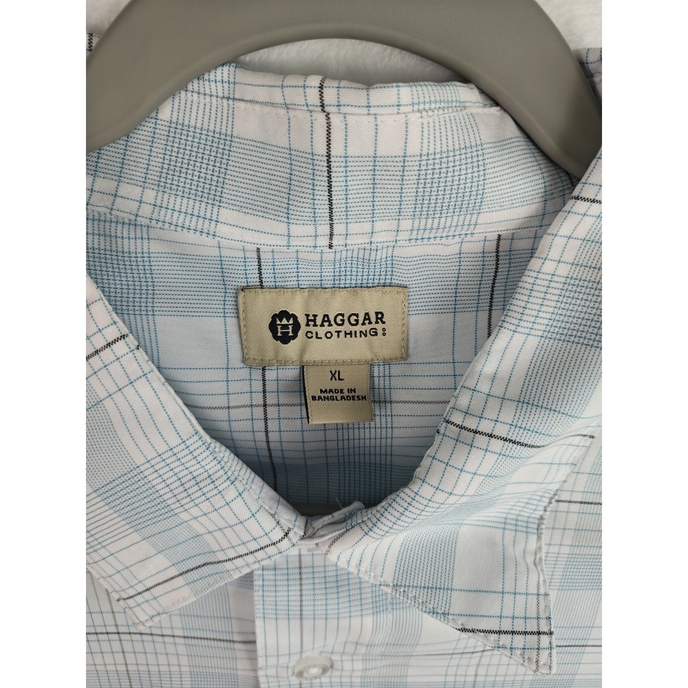 Haggar Men's XL Plaid Short Sleeve Button Up Shirt Blue White 100% Polyester - Picture 4 of 7